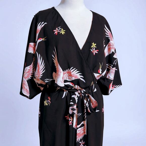 Luxe Blush and Black Blossom and Crane Print Kimono Style Junpsuit - Picture 4 of 4